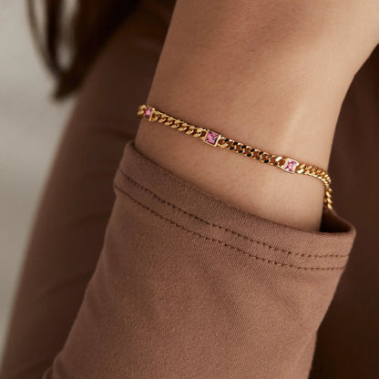 October Birthstone Rose Curb Chain Bracelet by ALEX AND ANI, gold-tone chain with pink stones on Tampa Home & Garden Store