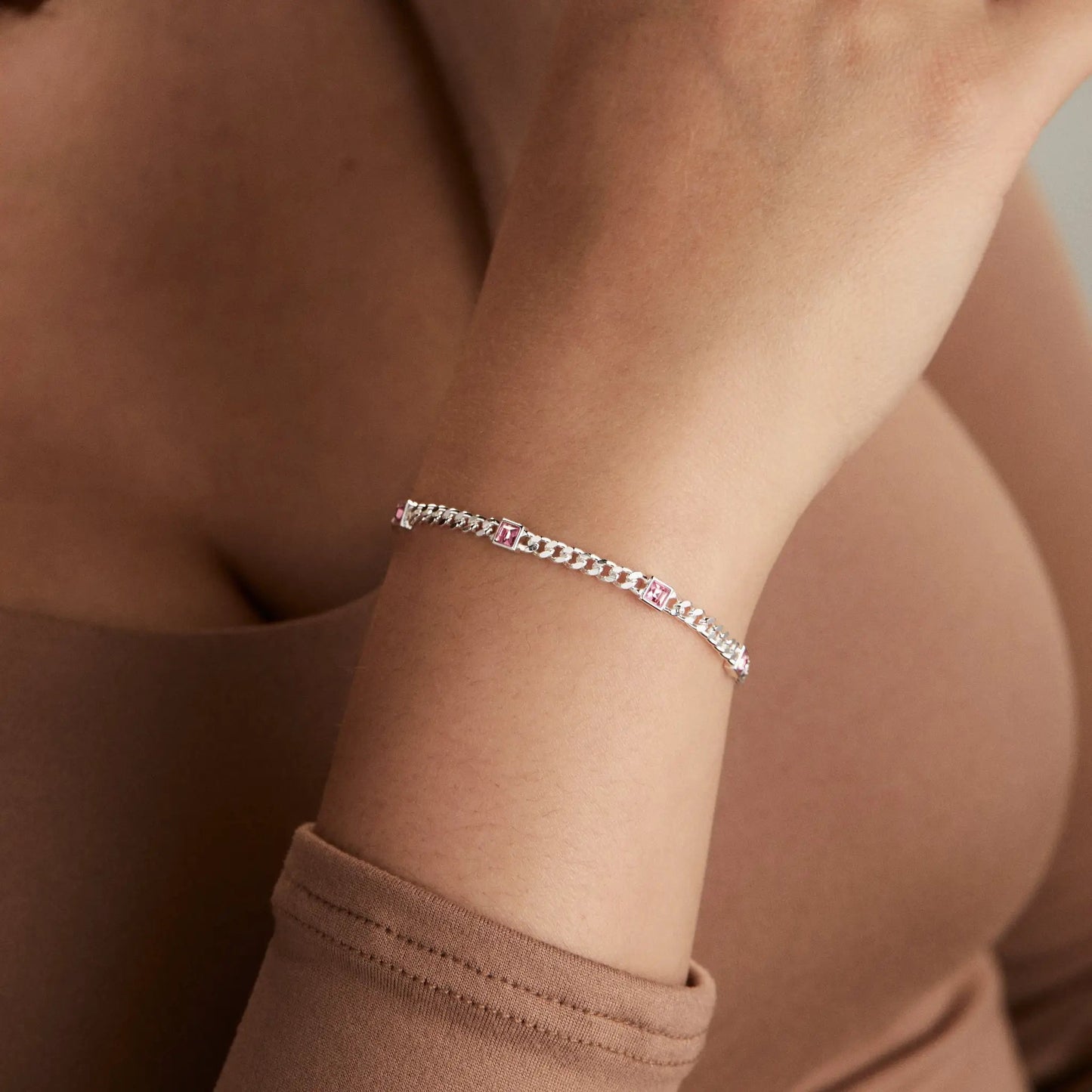 Bracelet October Birthstone Rose Curb Chain by ALEX AND ANI with pink stones on chain on Tampa Home & Garden Store