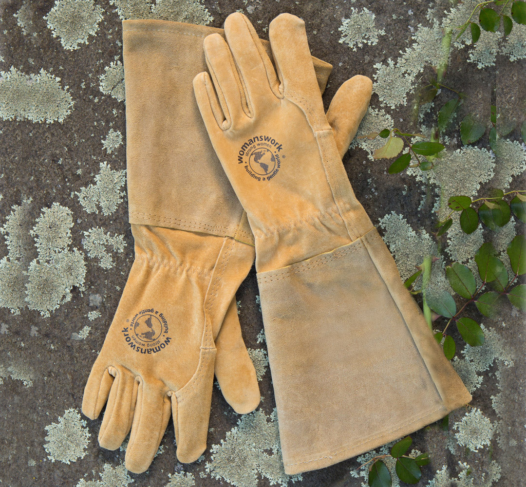 All Leather Gauntlet Glove by Womanswork, tan leather gardening arm saver gloves on Tampa Home & Garden Store
