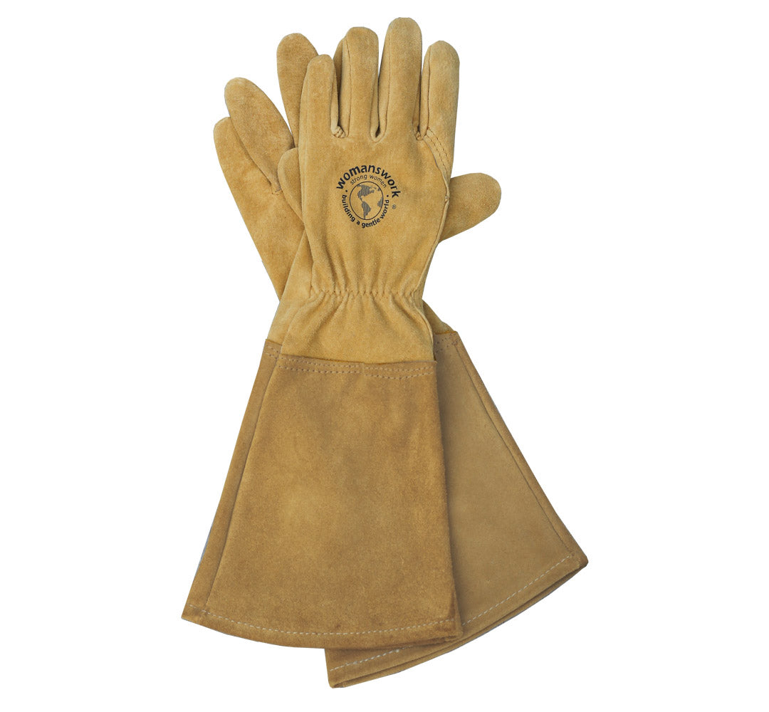All Leather Gauntlet Gloves, tan leather with long cuffs, Womanswork gardening accessory on Tampa Home & Garden Store