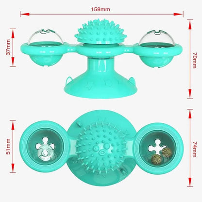Stevvex teal rotatable cat toy with windmill LED ball, spiked center and dual spinning cups on Tampa Home & Garden Store