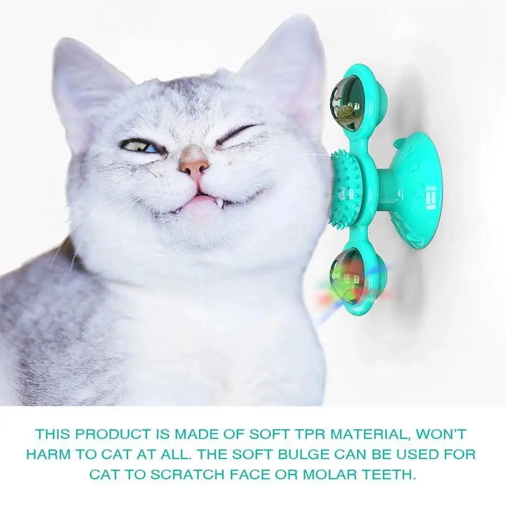 Stevvex interactive cat toy rotatable windmill with LED balls, teal wall-mounted device for pets on Tampa Home & Garden Store