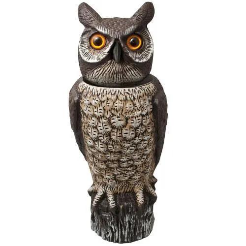 Rotating Head Owl Bird Deterrent statue, brown textured owl with orange eyes perched on a stump on Tampa Home & Garden Store