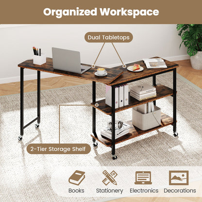 360° Rotating Sofa Side Table with Storage Shelves and Wheels-Rustic Brown