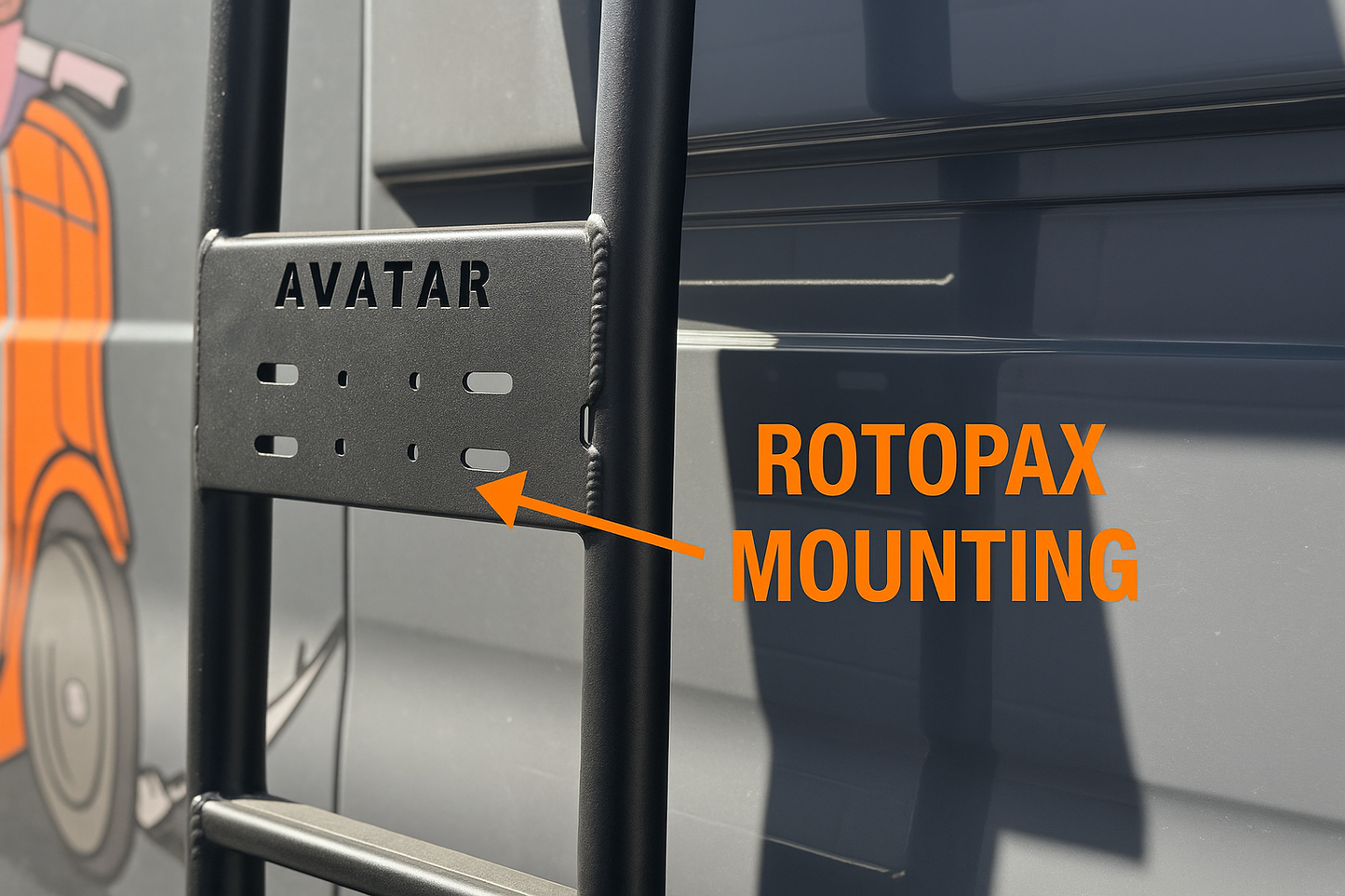 Mercedes Sprinter van side ladder by Avatar Offroad, black steel with AVATAR plate on Tampa Home & Garden Store