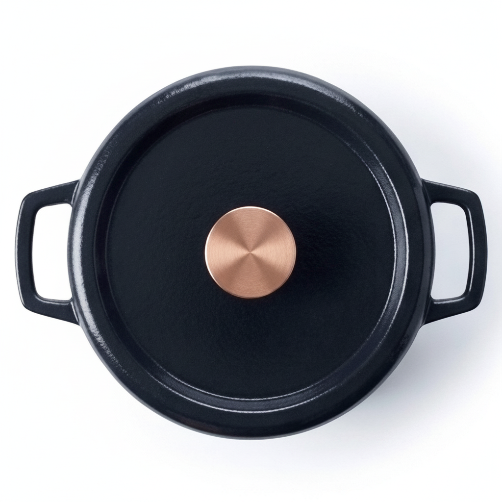 Enameled Cast Iron Round Dutch Oven 5-Qt by Alva Cookware with copper knob, black finish on Tampa Home & Garden Store
