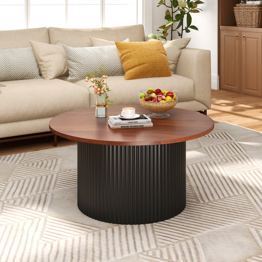 Round Coffee Table with Solid Wood Frame and Wooden Top-Walnut - Tampa Home & Garden Store