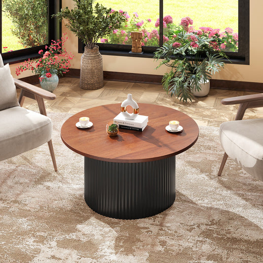 Round Coffee Table with Solid Wood Frame and Wooden Top-Walnut - Tampa Home & Garden Store