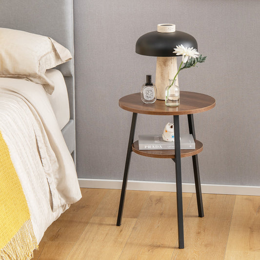 2-Tier Round End Table Set of 2 with Open Shelf and Triangular Metal Frame-Walnut - Tampa Home & Garden Store