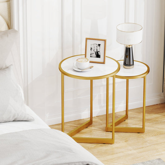 Round Nesting Table Set of 2 with Marble-like Tabletop-White - Tampa Home & Garden Store