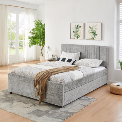 Queen size gray chenille upholstered bed with vertical channel tufted headboard on Tampa Home & Garden Store