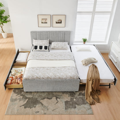 Queen size chenille upholstered bed with vertical channel tufting and nailhead trim on Tampa Home & Garden Store