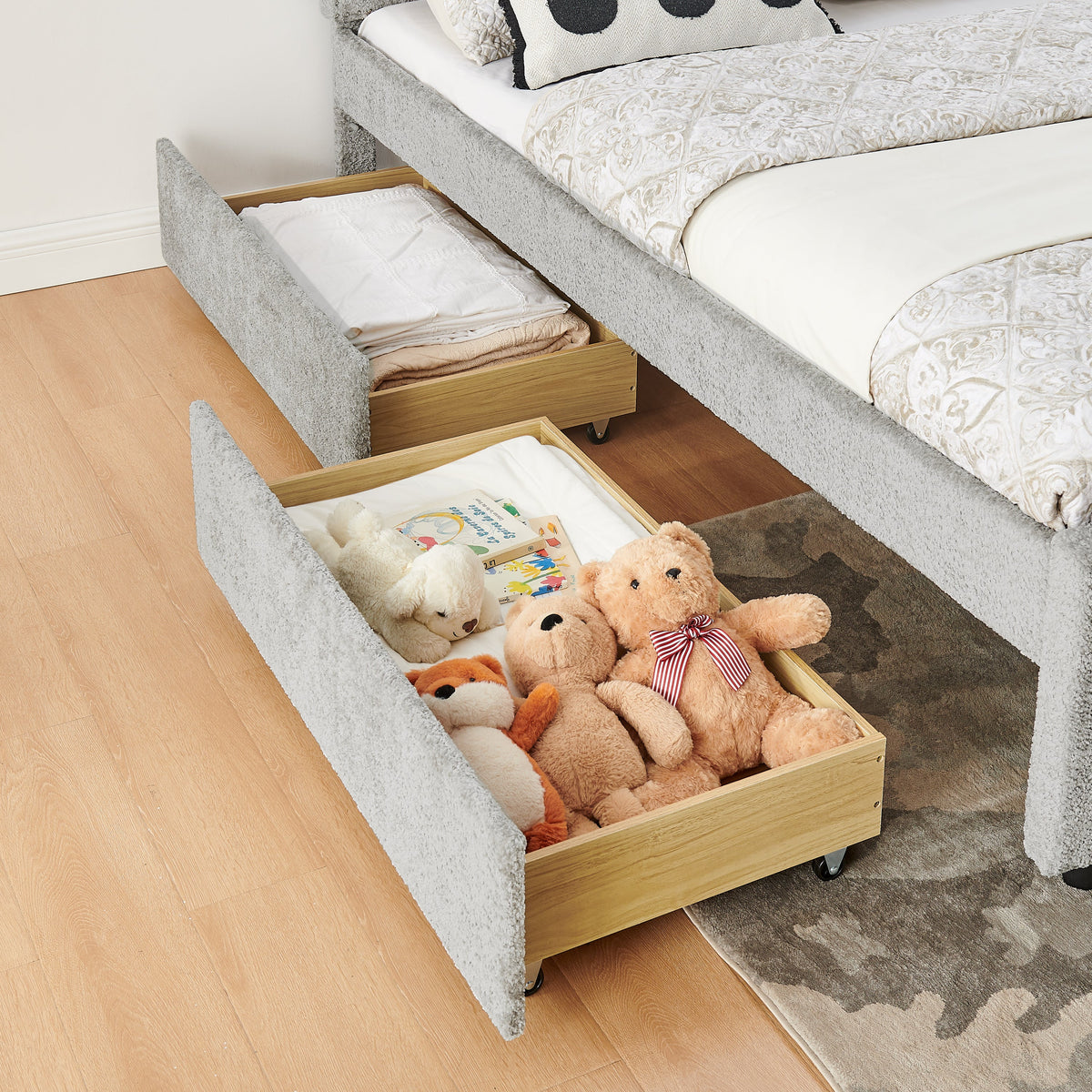 Queen size chenille bed with channel tufting and nailhead trim, 2 drawers and pull-out trundle on Tampa Home & Garden Store