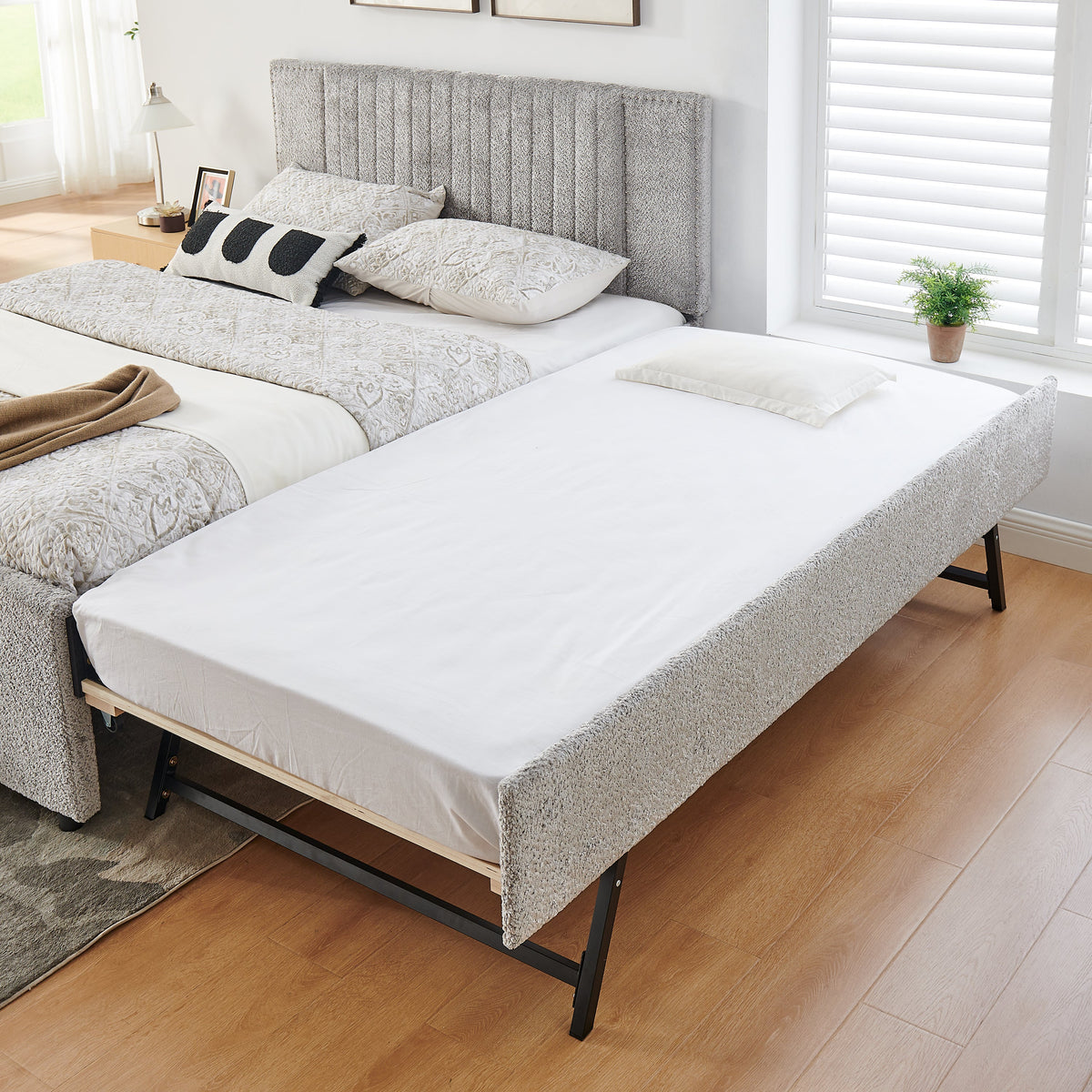 Queen size upholstered bed with vertical channel tufted headboard in chenille, pull-out trundle on Tampa Home & Garden Store