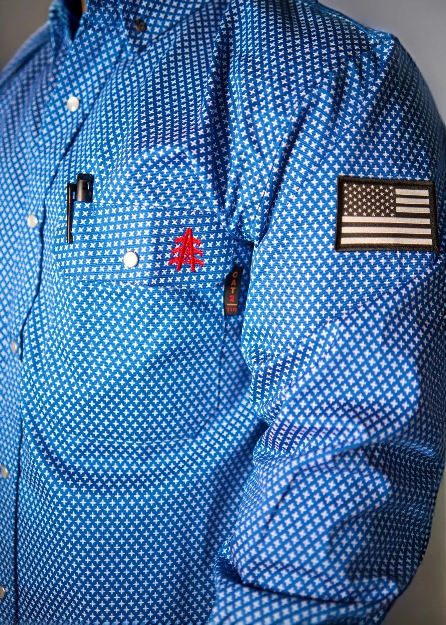FR Pearl Snap Work Shirt Royal Blue with U.S. Flag sleeve patch, white microprint, pearl snaps on Tampa Home & Garden Store