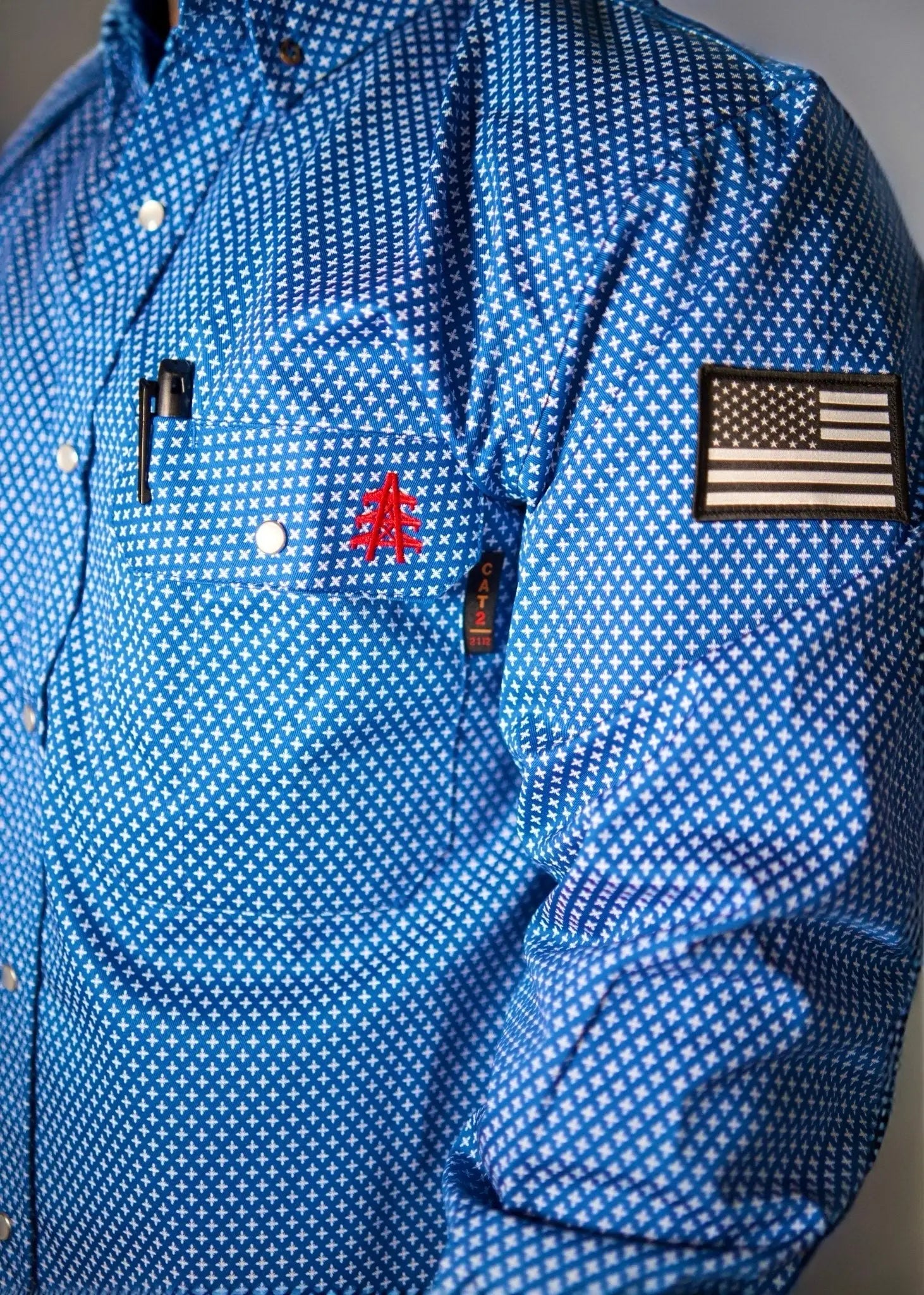 FR Pearl Snap Work Shirt Royal Blue with U.S. Flag sleeve patch, white microprint, pearl snaps on Tampa Home & Garden Store