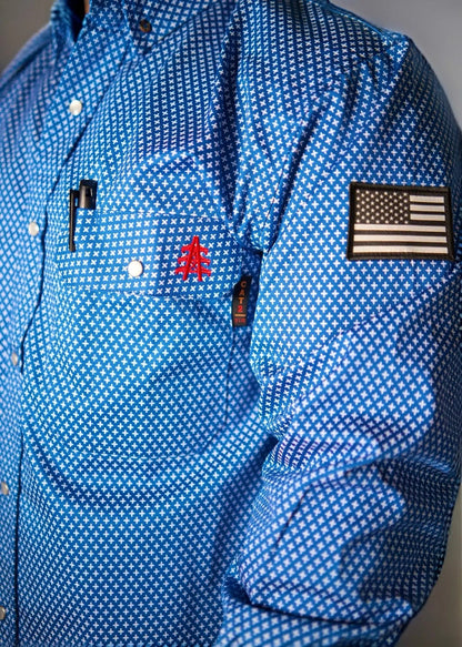 FR Pearl Snap Work Shirt Royal Blue with U.S. Flag sleeve patch, white microprint, pearl snaps on Tampa Home & Garden Store