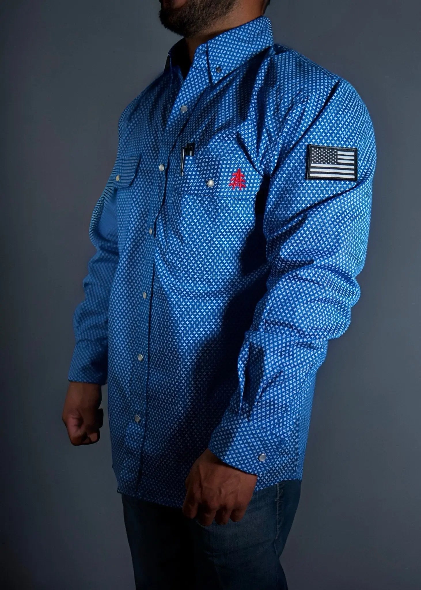 FR Pearl Snap Work Shirt Royal Blue with U.S. Flag patch by Static FR on Tampa Home & Garden Store
