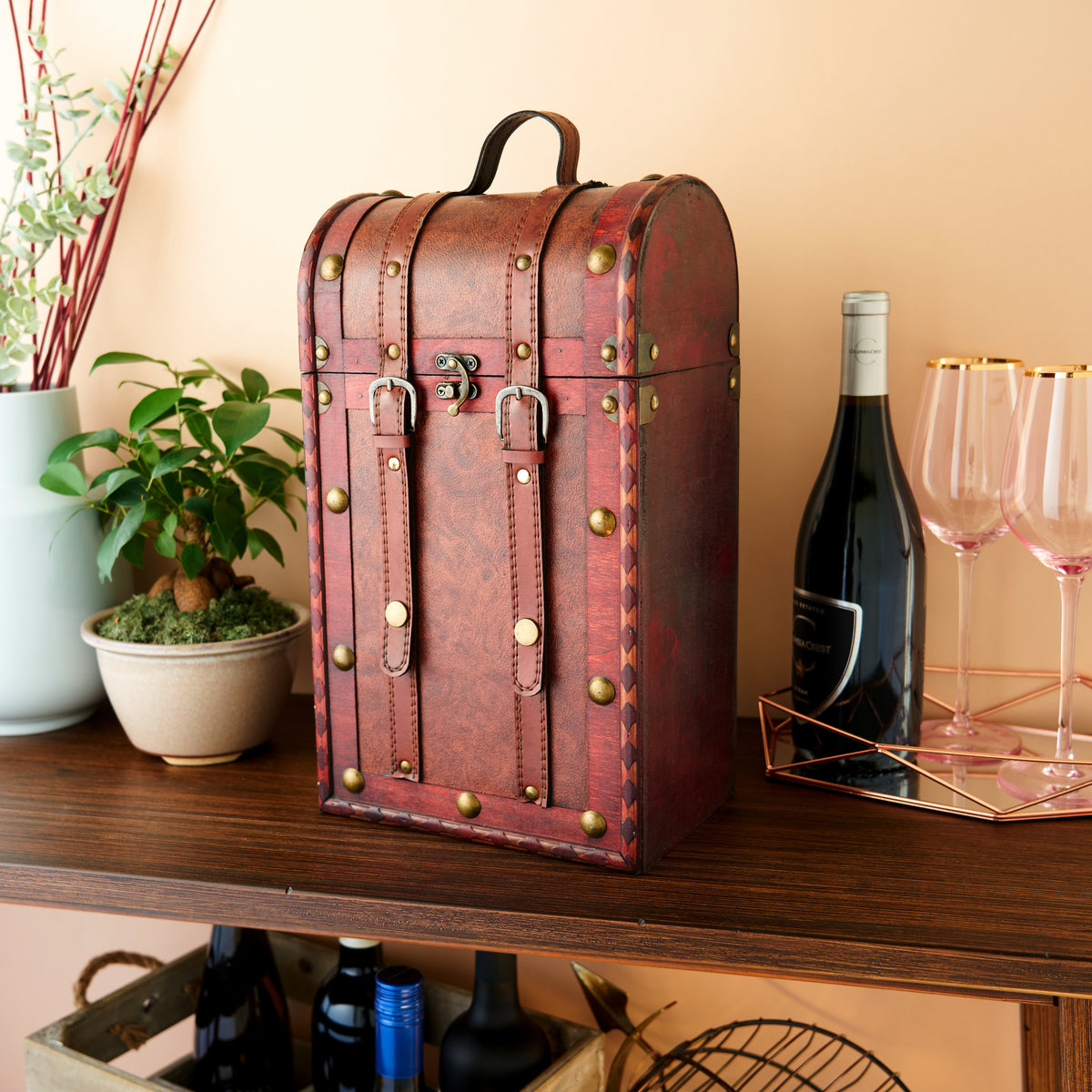 2 Bottle Antique Wooden Wine Box by Twine Living with brass studs and leather straps on Tampa Home & Garden Store