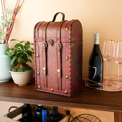 2 Bottle Antique Wooden Wine Box by Twine Living with brass studs and leather straps on Tampa Home & Garden Store
