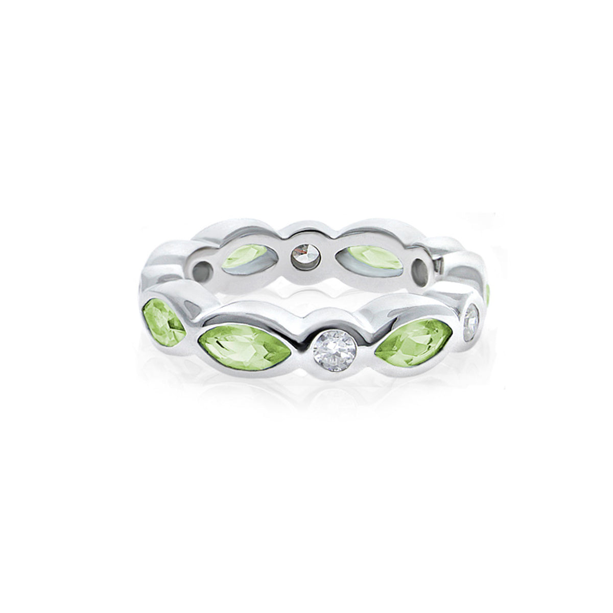 Sterling silver 925 eternity band with lime-green marquise stones and clear bezel accents on Tampa Home & Garden Store