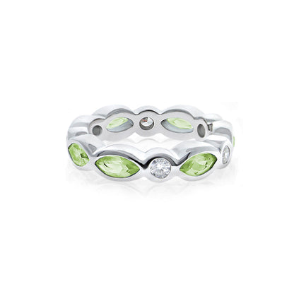 Sterling silver 925 eternity band with lime-green marquise stones and clear bezel accents on Tampa Home & Garden Store