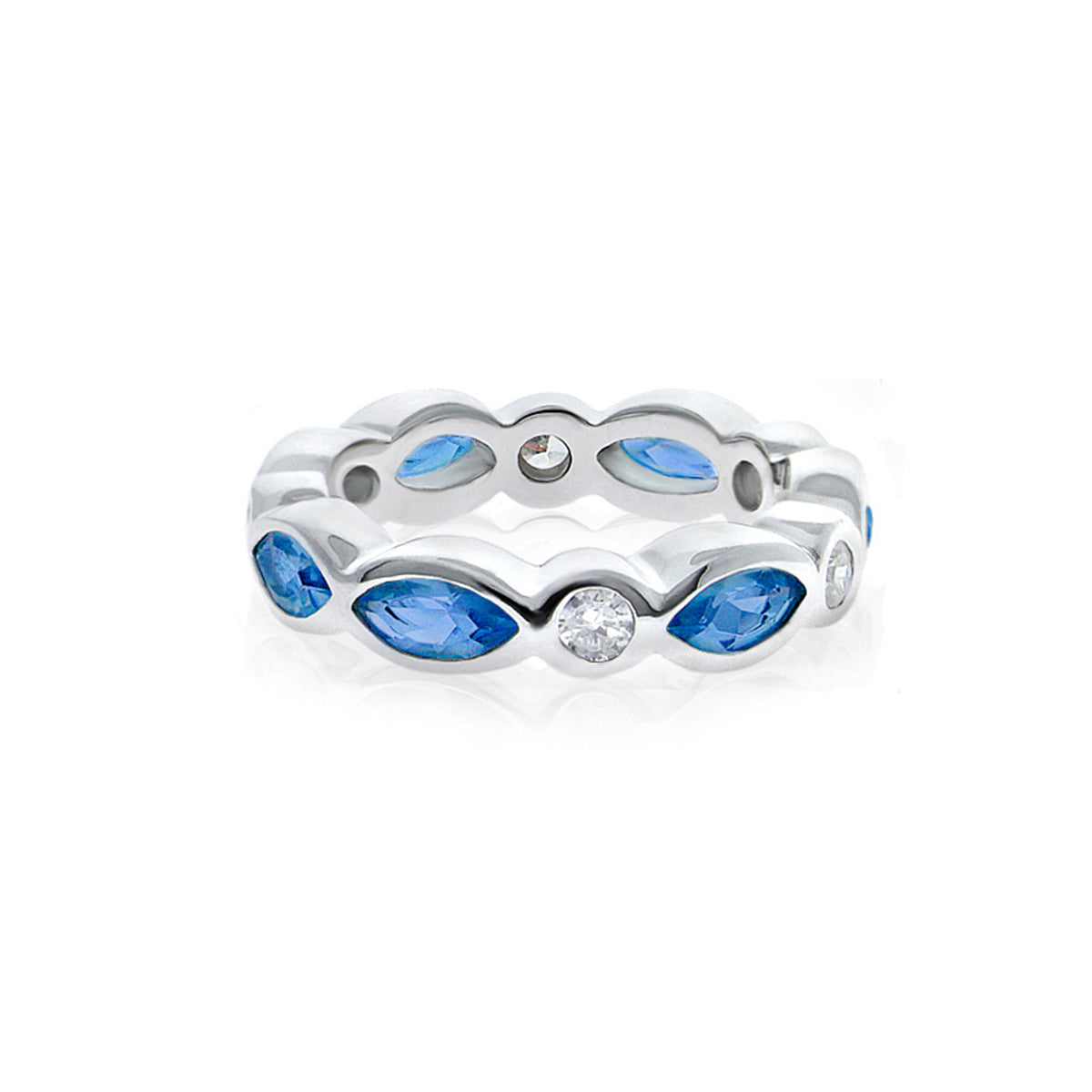 Eternity Band sterling silver ring with blue marquise and round bezel stones, clear gem on Tampa Home & Garden Store