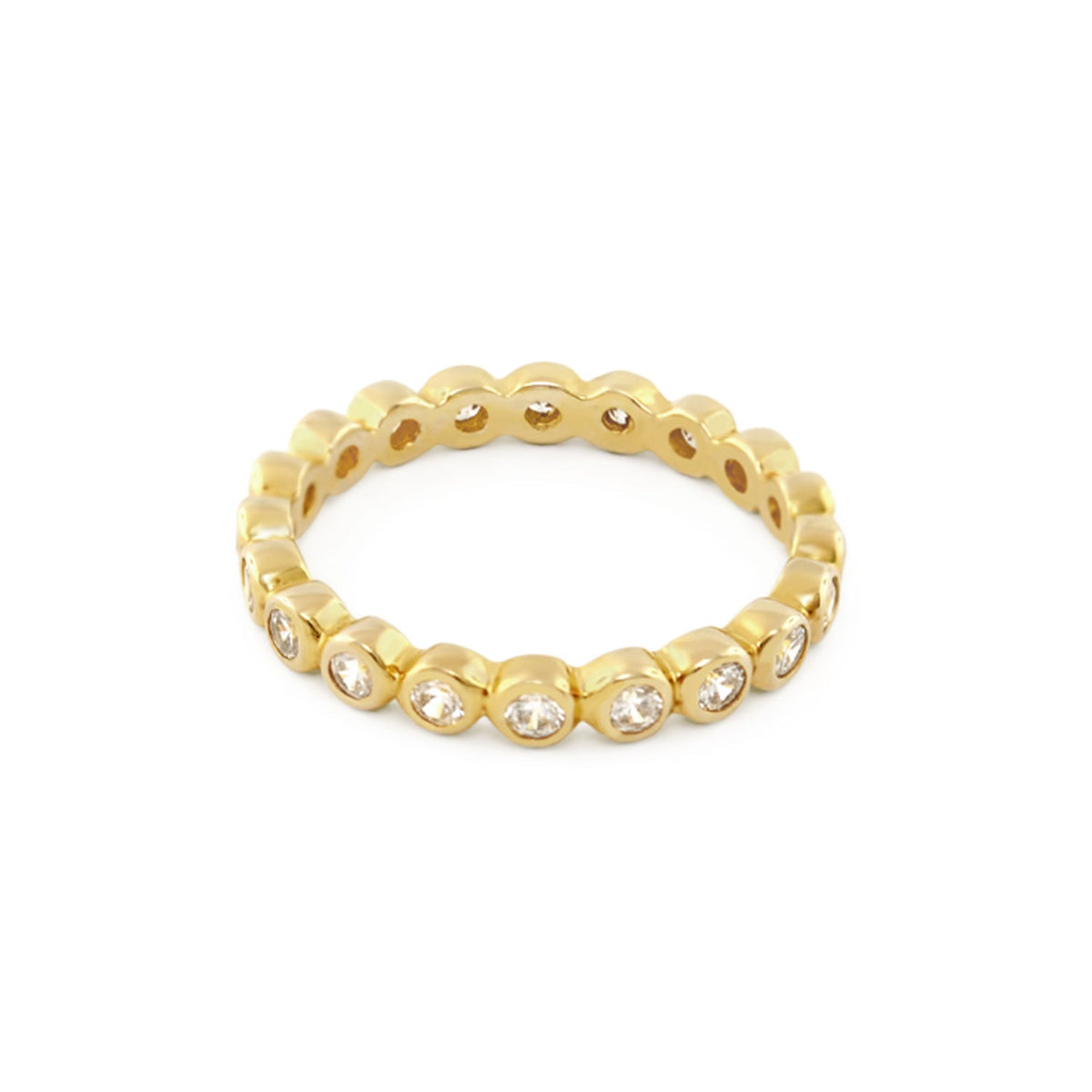 Socialite Ring .925 stackable gold-tone ring with bezel-set diamonds around the band on Tampa Home & Garden Store