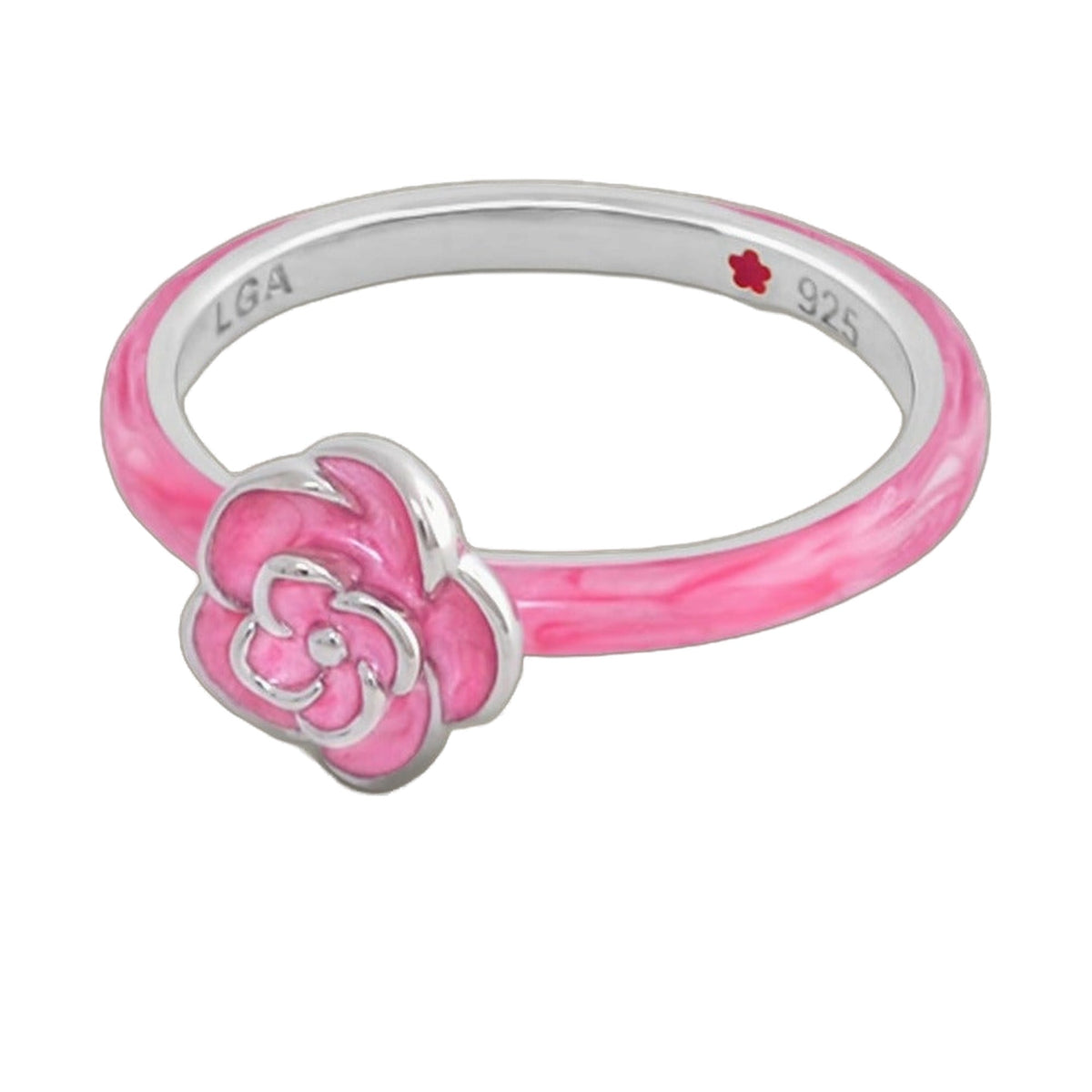 Layers of Love Stackable Ring Pink Rose, pink enamel band with silver flower charm LGA & 925 inside on Tampa Home & Garden Store