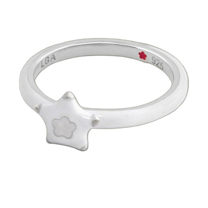 Layers of Love Stackable Ring White Star; sterling silver band with LGA 925 stamp and red flower on Tampa Home & Garden Store