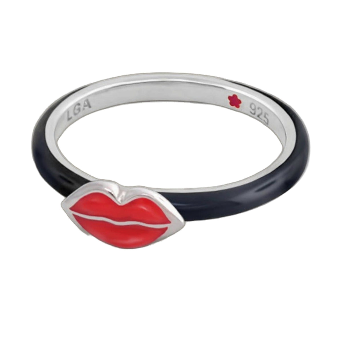 Ring Layers of Love stackable red lips charm by Lauren G Adams, black band, silver inner on Tampa Home & Garden Store