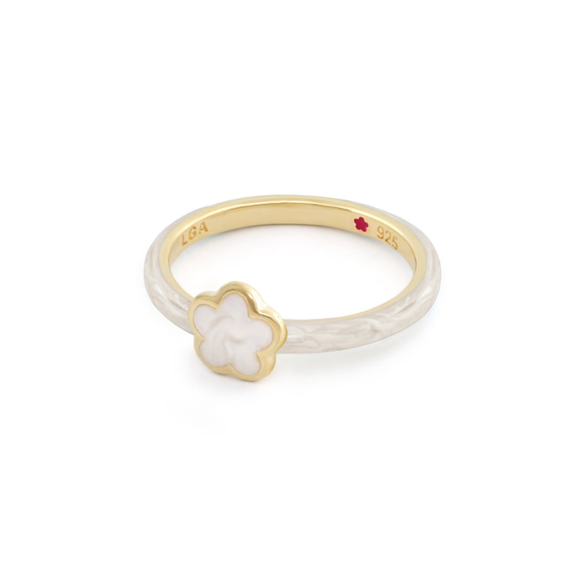 Layers of Love Stackable Ring Enamel Flower by Lauren G Adams, white enamel flower with gold outline, two-tone band on Tampa Home & Garden Store