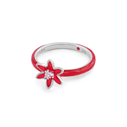 Stackable ring with red enamel star flower and crystal center on silver band by Lauren G Adams LGA 925 on Tampa Home & Garden Store