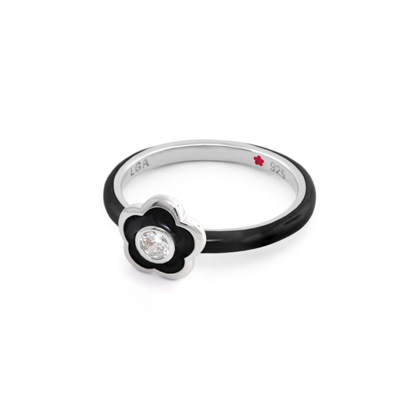 Layers of Love Stackable Ring Framed Flower, black enamel flower with clear stone, 925 band on Tampa Home & Garden Store