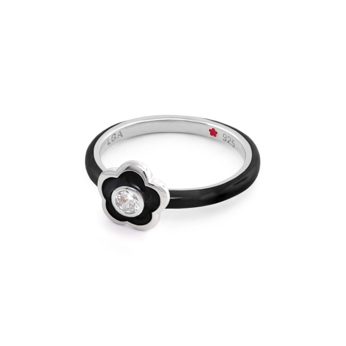 Layers of Love Stackable Ring Framed Flower, black enamel flower with clear stone, 925 band on Tampa Home & Garden Store