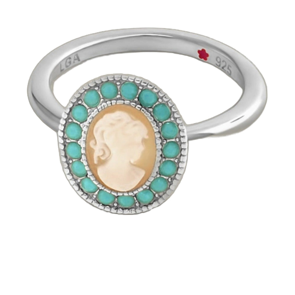Layers of Love Stackable Ring Cameo with turquoise bead halo and LGA stamped silver band on Tampa Home & Garden Store