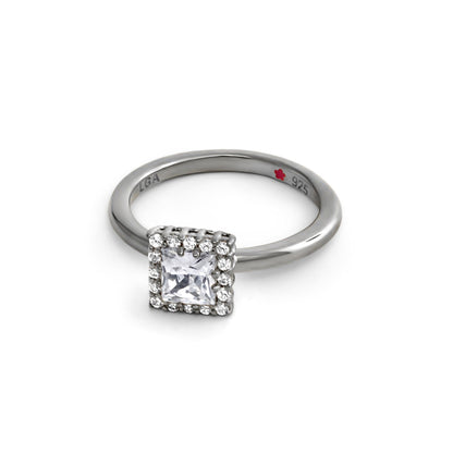 Stackable ring by Lauren G Adams with pavé halo square-cut center diamond sterling silver on Tampa Home & Garden Store