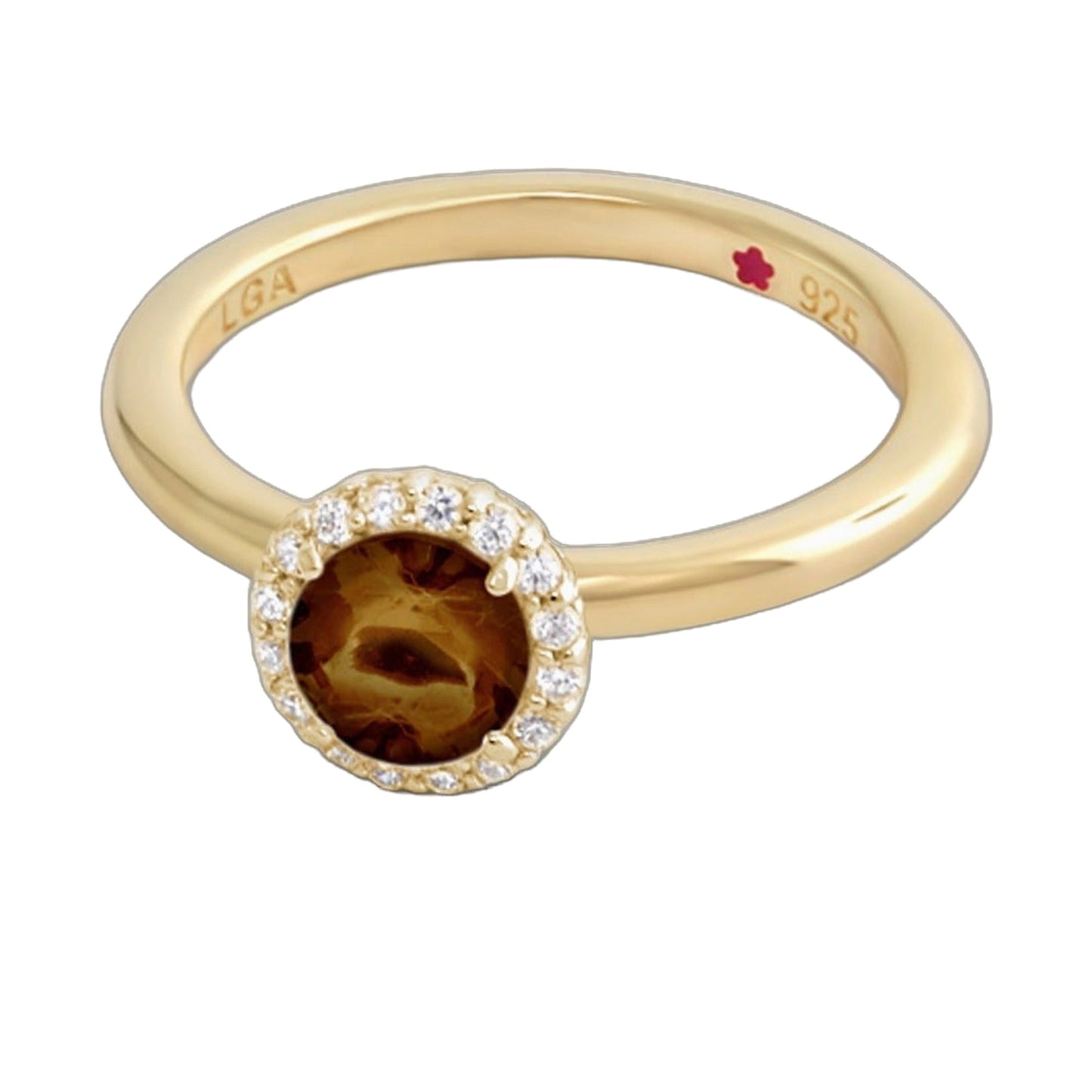 Layers of Love gold stackable ring with round brown gemstone and pavé halo, red flower logo on Tampa Home & Garden Store