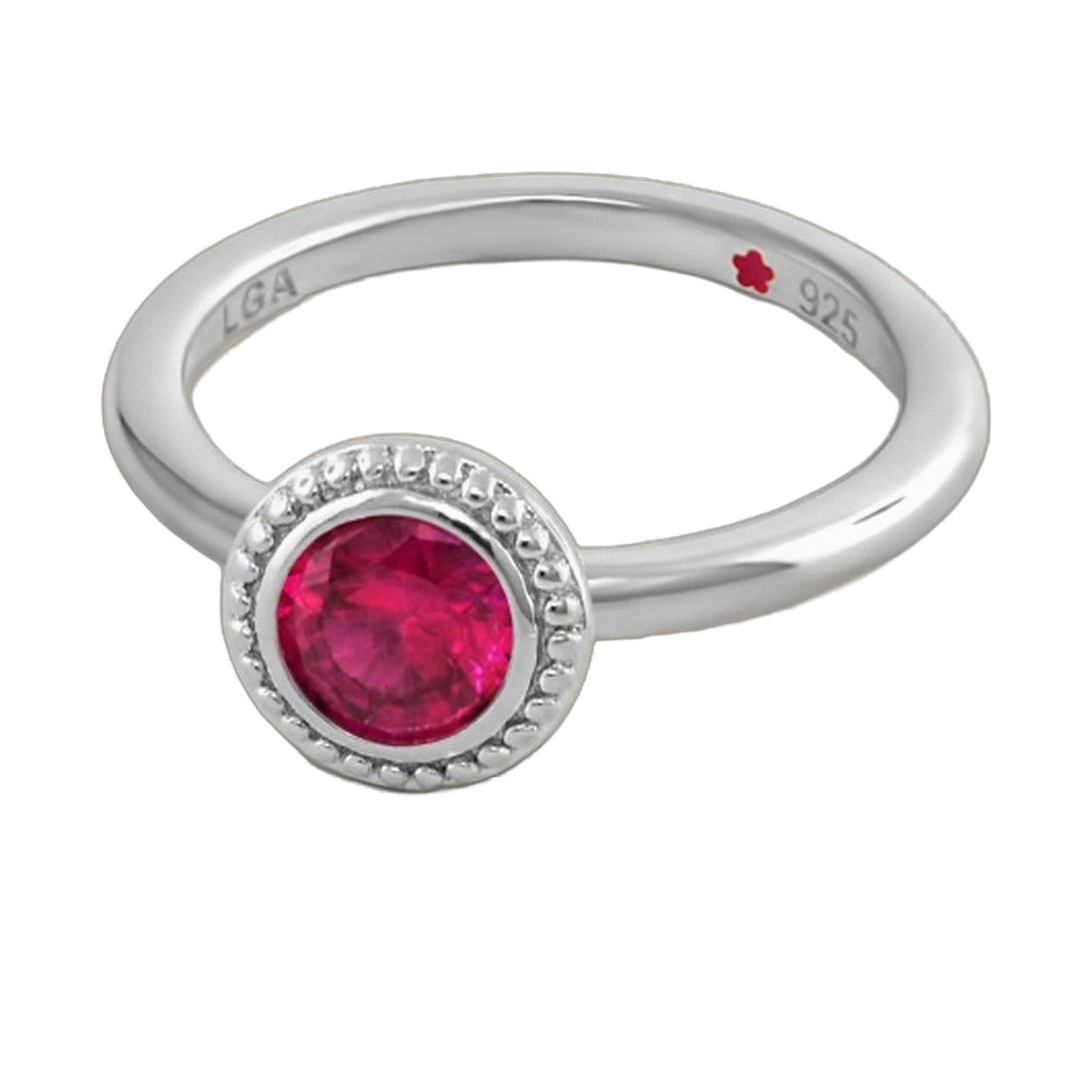 Layers of Love Stackable Ring with round pink gemstone, halo, milgrain bezel, silver, LGA on Tampa Home & Garden Store