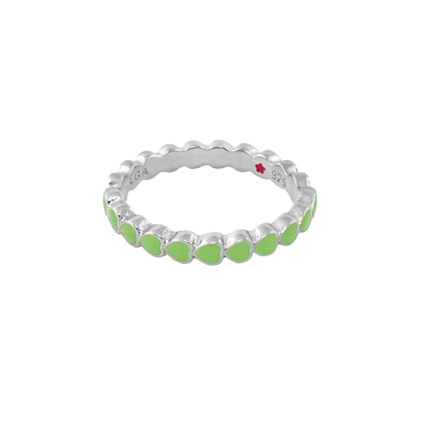 Layers of Love Stackable Ring Enamel Heart Row by LGA, silver band with lime-green hearts on Tampa Home & Garden Store
