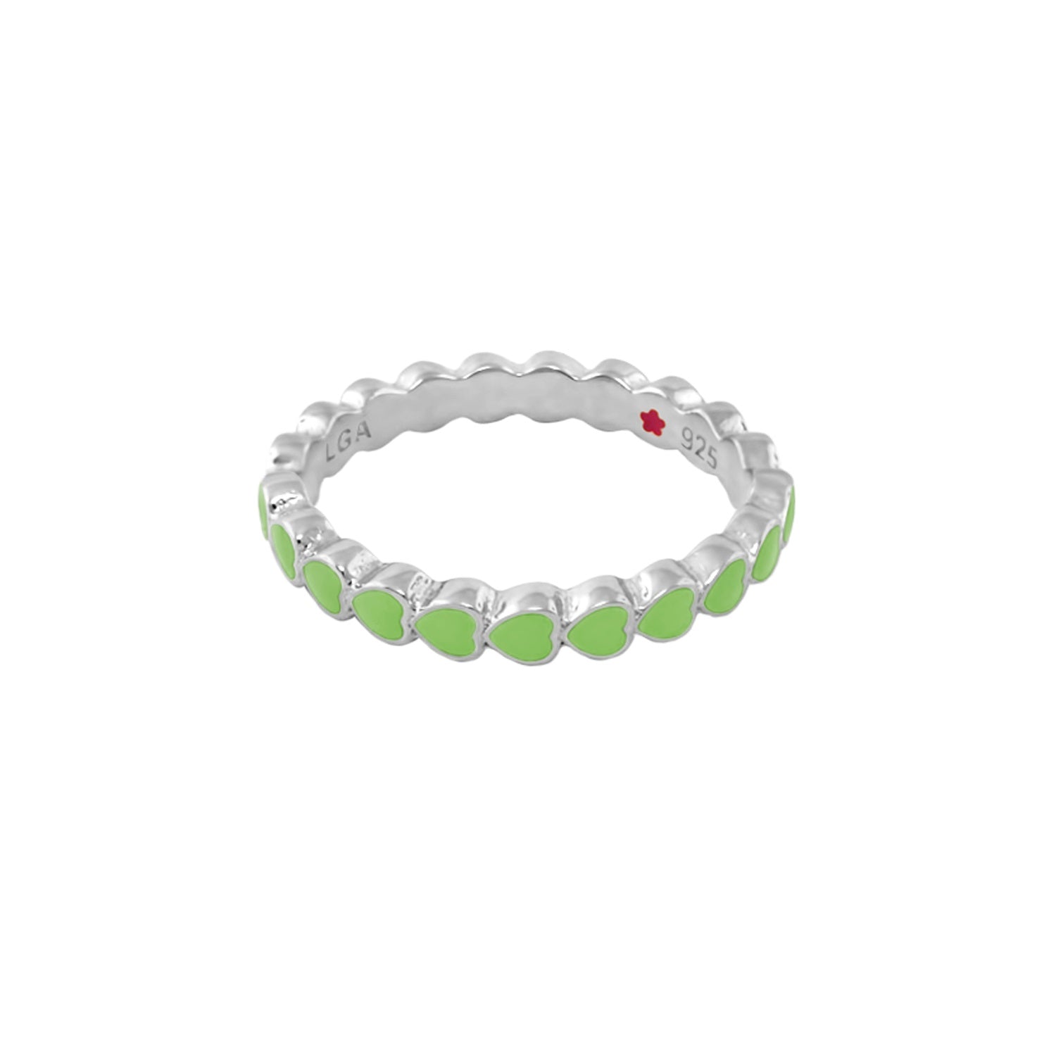 Layers of Love Stackable Ring Enamel Heart Row by LGA, silver band with lime-green hearts on Tampa Home & Garden Store