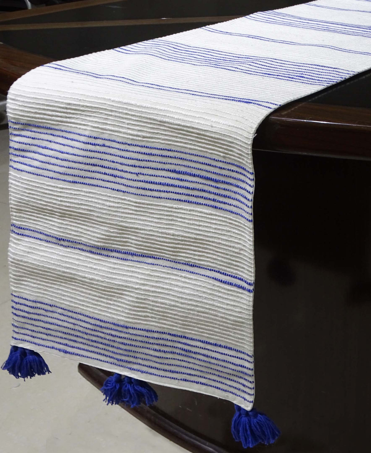 Cotton table runner with blue stripes and tassels, 16x90, by Vibhsa on Tampa Home & Garden Store