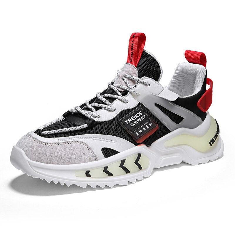Stevvex men's running sneakers in black/white mesh with thick white sole and red pull tabs on Tampa Home & Garden Store