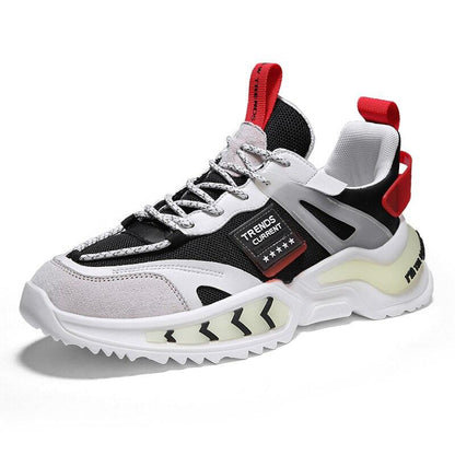 Stevvex men's running sneakers in black/white mesh with thick white sole and red pull tabs on Tampa Home & Garden Store