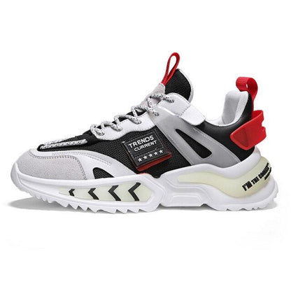 Stevvex running sneakers black and white breathable mesh with red heel tab and chunky sole on Tampa Home & Garden Store