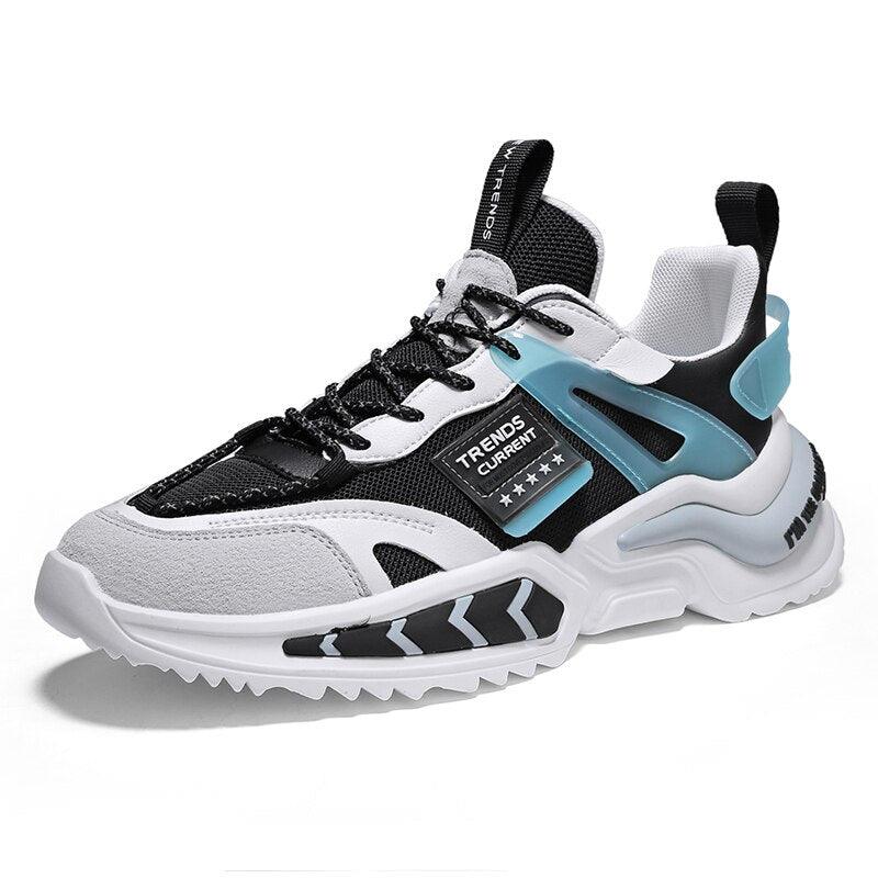 Stevvex men's running sneakers breathable black white mesh with blue accents and chunky sole on Tampa Home & Garden Store