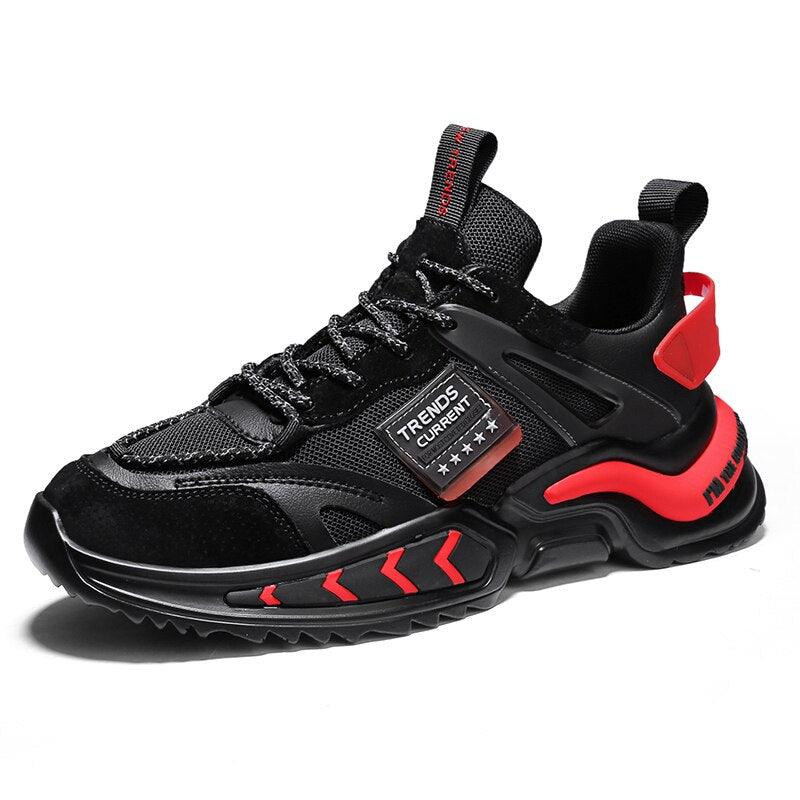 Men's black running sneakers with breathable mesh upper, lace-up red heel accent on Tampa Home & Garden Store