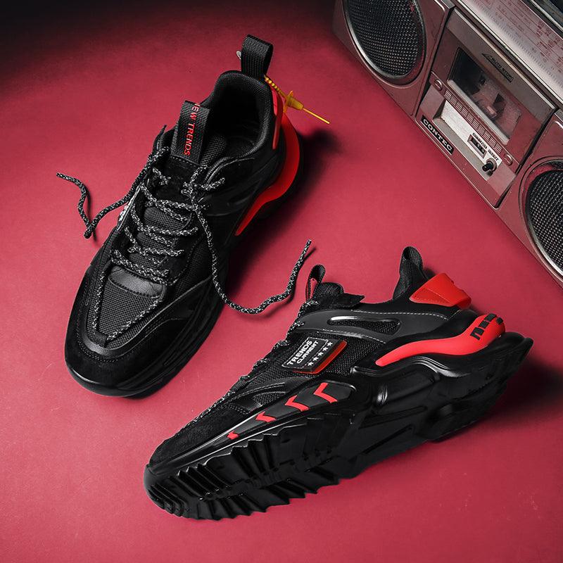 Stevvex black running sneakers pair with red accents, breathable mesh upper and rugged outsole on Tampa Home & Garden Store