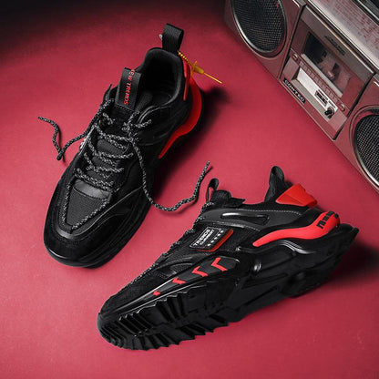 Stevvex black running sneakers pair with red accents, breathable mesh upper and rugged outsole on Tampa Home & Garden Store