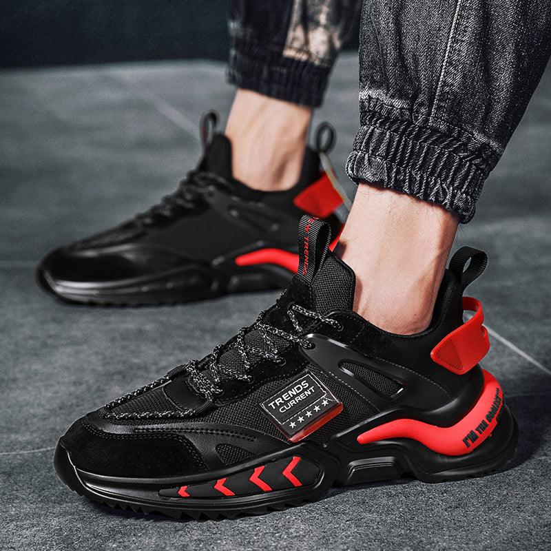 Stevvex running sneakers black red breathable mesh upper chunky sole pair on Tampa Home & Garden Store